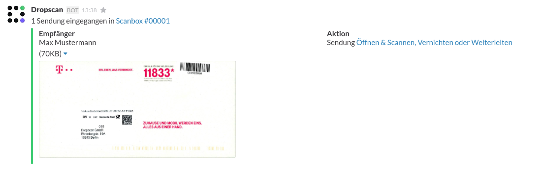 Screenshot Slack bei Eingang von Sendungen Screenshot Slack bei Sendungseingang